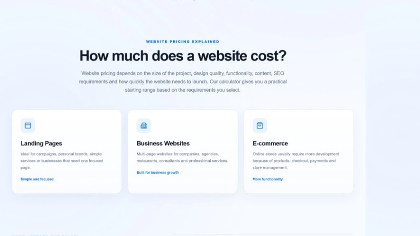 Website Cost Calculator existing product preview 2